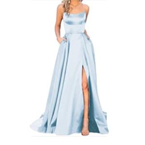 Long Satin Prom Dress- Light Blue
